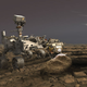Depiction of NASA’s Perseverance rover using its Planetary Instrument for X-ray Lithochemistry (PIXL) instrument to analyze a rock on the surface of Mars.